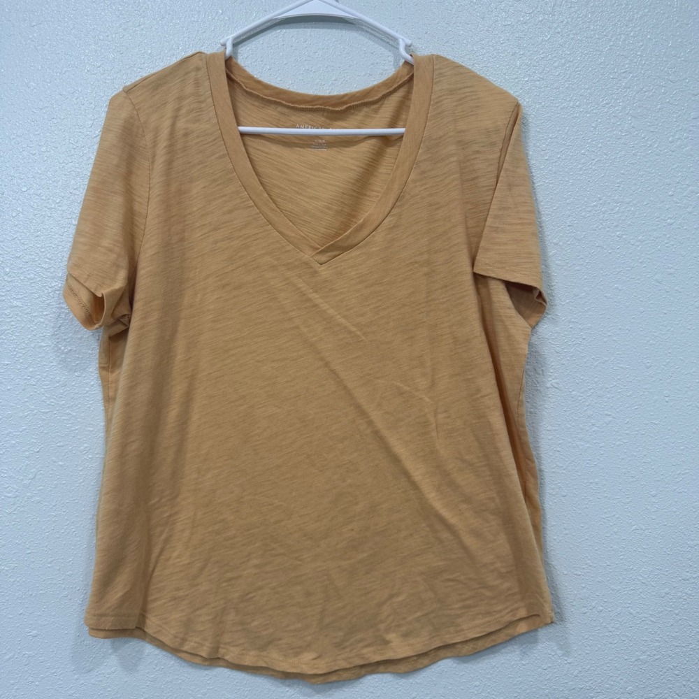 American Eagle Womens Mustard Yellow Slub Knit V-Neck Short Sleeve Tee L